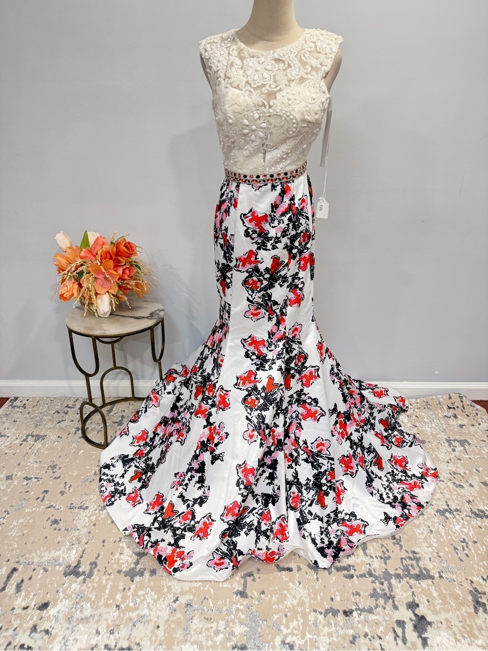Jovani White Multi Floral Embellished Waist Open Back Lace Mermaid Skirt Gown